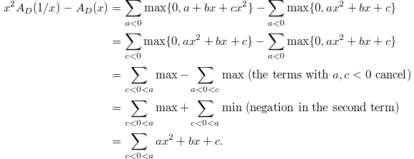 
\begin{align*}
  x^2A_D(1/x)-A_D(x)&=\sum_{a<0}\max\{0, a+bx+cx^2\}-\sum_{a<0}\max\{0, ax^2+bx+c\}\\
  &=\sum_{c<0}\max\{0, ax^2+bx+c\}-\sum_{a<0}\max\{0, ax^2+bx+c\}\\
  &=\sum_{c<0<a}\max -\sum_{a<0<c}\max\ (\text{the terms with $a,c<0$ cancel})\\
  &=\sum_{c<0<a}\max+\sum_{c<0<a}\min\ (\text{negation in the second term})\\
  & =\sum_{c<0<a}ax^2+bx+c.
\end{align*}
