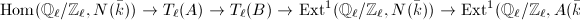 $$\Hom(\mathbb{Q}_\ell/\mathbb{Z}_\ell, N(\bar k))\rightarrow T_\ell(A)\rightarrow T_\ell(B)\rightarrow \Ext^1(\mathbb{Q}_\ell/\mathbb{Z}_\ell, N(\bar k))\rightarrow \Ext^1(\mathbb{Q}_\ell/\mathbb{Z}_\ell, A(\bar k)).$$