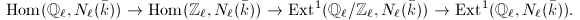 $$\Hom(\mathbb{Q}_\ell, N_\ell(\bar k))\rightarrow \Hom(\mathbb{Z}_\ell, N_\ell(\bar k))\rightarrow \Ext^1(\mathbb{Q}_\ell/\mathbb{Z}_\ell, N_\ell(\bar k))\rightarrow \Ext^1(\mathbb{Q}_\ell, N_\ell(\bar k)).$$