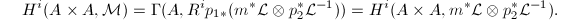 $$H^i(A\times A,\mathcal{M})=\Gamma(A, R^ip_{1*}(m^*\mathcal{L}\otimes p_2^*\mathcal{L}^{-1}))=H^i(A\times A, m^*\mathcal{L}\otimes p_2^*\mathcal{L}^{-1}).$$