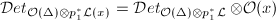 $\Det_{\mathcal{O}(\Delta)\otimes p_1^*\mathcal{L}(x)}=\Det_{\mathcal{O}(\Delta)\otimes p_1^*\mathcal{L}}\otimes\mathcal{O}(x)$