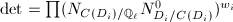 $\det=\prod (N_{C(D_i)/\mathbb{Q}_\ell}N_{D_i/C(D_i)}^0)^{w_i}$