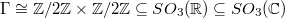 $\Gamma\cong \mathbb{Z}/2 \mathbb{Z}\times \mathbb{Z}/2 \mathbb{Z}\subseteq SO_3(\mathbb{R})\subseteq SO_3(\mathbb{C})$