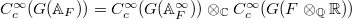 $C_c^\infty(G(\mathbb{A}_F))=C_c^\infty(G(\mathbb{A}_F^\infty)) \otimes_\mathbb{C} C_c^\infty(G(F \otimes_\mathbb{Q}\mathbb{R}))$