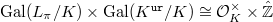 $\Gal(L_\pi/K)\times \Gal(K^\mathtt{ur}/K)\cong \mathcal{O}_K^\times\times \hat{\mathbb{Z}}$