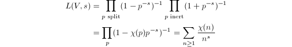 
\begin{align*}
L(V,s)&=\prod_{p \text{ split}}(1-p^{-s})^{-1}\prod_{p\text{ inert}}(1+p^{-s})^{-1}\\&=\prod_p(1-\chi(p)p^{-s})^{-1}=\sum_{n\ge1}\frac{\chi(n)}{n^s}
\end{align*}
