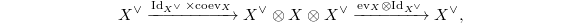 $$X^\vee\xrightarrow{\Id_{X^\vee}\times \mathrm{coev}_X} X^\vee \otimes X \otimes X^\vee\xrightarrow{\mathrm{ev}_X \otimes \Id_{X^\vee}} X^\vee,$$