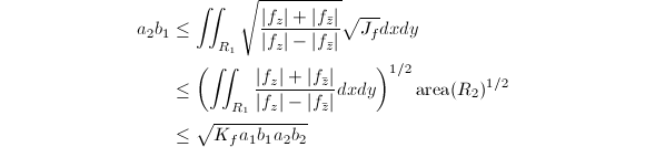 
\begin{align*}
  a_2b_1&\le\iint_{R_1}\sqrt{\frac{|f_z|+|f_{\bar z}|}{|f_z|-|f_{\bar z}|}}\sqrt{J_f}dxdy \\
  &\le\left(\iint_{R_1}\frac{|f_z|+|f_{\bar z}|}{|f_z|-|f_{\bar z}|}dxdy\right)^{1/2}\text{area}(R_2)^{1/2}\\
  &\le\sqrt{K_fa_1b_1a_2b_2}
\end{align*}
