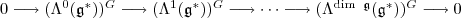 0\longrightarrow (\Lambda^0(\mathfrak g^*))^G \longrightarrow (\Lambda^1(\mathfrak g^*))^G\longrightarrow\cdots\longrightarrow (\Lambda^{\dim\ \mathfrak g}(\mathfrak g^*))^G\longrightarrow 0 0\longrightarrow (\Lambda^0(\mathfrak g^*))^G \longrightarrow (\Lambda^1(\mathfrak g^*))^G\longrightarrow\cdots\longrightarrow (\Lambda^{\dim\ \mathfrak g}(\mathfrak g^*))^G\longrightarrow 0