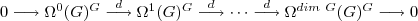 0\longrightarrow \Omega^0(G)^G\stackrel{d}\longrightarrow \Omega^1(G)^G\stackrel{d}\longrightarrow\cdots\stackrel{d}\longrightarrow\Omega^{dim\ G}(G)^G\longrightarrow 0 0\longrightarrow \Omega^0(G)^G\stackrel{d}\longrightarrow \Omega^1(G)^G\stackrel{d}\longrightarrow\cdots\stackrel{d}\longrightarrow\Omega^{dim\ G}(G)^G\longrightarrow 0