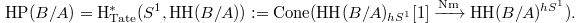 $$\mathrm{HP}(B/A)=\mathrm{H}_\mathrm{Tate}^*(S^1, \mathrm{HH}(B/A)):=\mathrm{Cone}(\mathrm{HH}(B/A)_{hS^1}[ 1 ]\xrightarrow{\mathrm{Nm}} \mathrm{HH}(B/A)^{hS^1}).$$