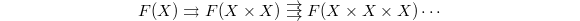 $$F(X)\rightrightarrows F(X\times X)\rightthreearrow F(X\times X\times X)\cdots$$