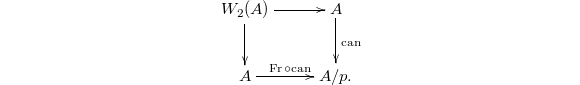 $$\xymatrix{W_2(A) \ar[d] \ar[r] &A \ar[d]^{\mathrm{can}}\\ A \ar[r]^{\Fr\circ\mathrm{can}} &A/p.}$$