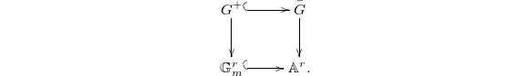 $$\xymatrix{ G^+ \ar@{^(->}[r] \ar[d]  & \bar G \ar[d]\\ \mathbb{G}_m^r \ar@{^(->}[r] &  \mathbb{A}^r.}$$