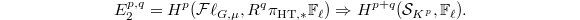 $$E_2^{p,q}=H^p(\mathcal{F}\ell_{G,\mu}, R^q\pi_{\mathrm{HT},*}\mathbb{F}_\ell)\Rightarrow H^{p+q}(\mathcal{S}_{K^p},\mathbb{F}_\ell).$$