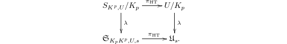 $$\xymatrix{ S_{K^p, U}/K_p \ar[r]^-{\pi_\mathrm{HT}} \ar[d]^{\lambda} & U/K_p \ar[d]^{\lambda} \\ \mathfrak{S}_{K_pK^p,U,s} \ar[r]^-{\pi_\mathrm{HT}} & \mathfrak{U}_s.}$$