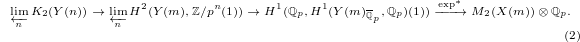 
\begin{equation*}
  \tag{2}
\scriptsize \varprojlim_n K_2(Y(n))\rightarrow \varprojlim_{n} H^2(Y(m), \mathbb{Z}/p^n(1))\rightarrow H^1(\mathbb{Q}_p, H^1(Y(m)_{\overline{\mathbb{Q}}_p},\mathbb{Q}_p) (1))\xrightarrow{\exp^*}M_2(X(m)) \otimes \mathbb{Q}_p.
\end{equation*}
