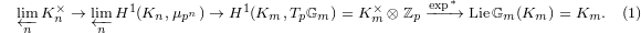 
\begin{equation*}
  \tag{1}
 \footnotesize \varprojlim_n K_n^\times\rightarrow\varprojlim_n H^1(K_n, \mu_{p^n})\rightarrow H^1(K_m, T_p\mathbb{G}_m)=K_m^\times \otimes \mathbb{Z}_p\xrightarrow{\exp^*} \Lie \mathbb{G}_m(K_m)=K_m.
\end{equation*}
