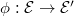 $\phi: \mathcal{E}\rightarrow\mathcal{E}'$