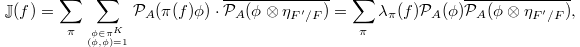 $$\mathbb{J}(f)=\sum_\pi\sum_{\phi\in \pi^K\atop (\phi,\phi)=1} \mathcal{P}_A(\pi(f)\phi)\cdot \overline{\mathcal{P}_A(\phi \otimes \eta_{F'/F})}=\sum_\pi \lambda_\pi(f) \mathcal{P}_A(\phi)\overline{\mathcal{P}_A(\phi \otimes \eta_{F'/F})},$$