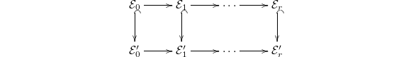 $$\xymatrix{\mathcal{E}_0 \ar[r] \ar@{^(->}[d] & \mathcal{E}_1 \ar[r] \ar@{^(->}[d]  & \cdots \ar[r] & \mathcal{E}_r  \ar@{^(->}[d]\\ \mathcal{E}_0' \ar[r] & \mathcal{E}_1' \ar[r] & \cdots \ar[r] & \mathcal{E}_r'}$$