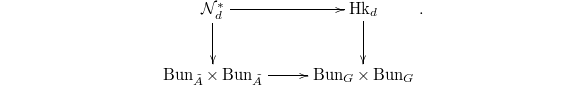 $$\xymatrix{\mathcal{N}_d^* \ar[r]\ar[d]& \Hk_d \ar[d] \\ \Bun_{\tilde A}\times \Bun_{\tilde A} \ar[r] & \Bun_G\times\Bun_G}.$$