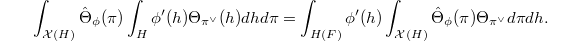 $$\int_{\mathcal{X}(H)}\hat\Theta_\phi(\pi)\int_H\phi'(h)\Theta_{\pi^\vee}(h)dhd\pi=\int_{H(F)}\phi'(h)\int_{\mathcal{X}(H)}\hat\Theta_\phi(\pi)\Theta_{\pi^\vee}d\pi d h.$$