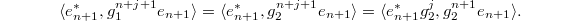 $$\langle e_{n+1}^*, g_1^{n+j+1}e_{n+1}\rangle=\langle e_{n+1}^*, g_2^{n+j+1}e_{n+1}\rangle=\langle e_{n+1}^*g_2^j, g_2^{n+1}e_{n+1}\rangle.$$