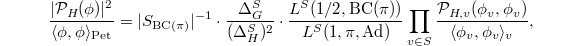 $$\frac{|\mathcal{P}_H(\phi)|^2}{\langle\phi,\phi\rangle_\mathrm{Pet}}=|S_{\mathrm{BC}(\pi)}|^{-1}\cdot\frac{\Delta_G^S}{(\Delta_H^S)^2}\cdot \frac{L^S(1/2, \mathrm{BC}(\pi))}{L^S(1,\pi,\mathrm{Ad})}\prod_{v\in S}\frac{\mathcal{P}_{H,v}(\phi_v,\phi_v)}{\langle\phi_v,\phi_v\rangle_v},$$