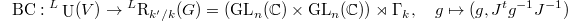 $$\mathrm{BC}:{}^L\UU(V)\rightarrow {}^L\mathrm{R}_{k'/k}(G)=(\GL_n(\mathbb{C})\times \GL_n(\mathbb{C}))\rtimes \Gamma_k,\quad  g\mapsto (g, J{}^tg^{-1}J^{-1})$$