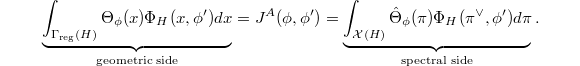 $$\underbrace{\int_{\Gamma_\mathrm{reg}(H)}\Theta_\phi(x)\Phi_H(x,\phi')dx}_{\text{geometric side}}=J^A(\phi,\phi')=\underbrace{\int_{\mathcal{X}(H)}\hat\Theta_\phi(\pi)\Phi_H(\pi^\vee,\phi')d\pi}_{\text{spectral side}}.$$