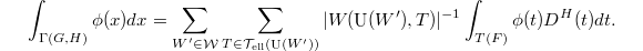 $$\int_{\Gamma(G,H)}\phi(x)dx=\sum_{W'\in \mathcal{W}}\sum_{T\in \mathcal{T}_\mathrm{ell}(\UU(W'))} |W(\UU(W'),T)|^{-1}\int_{T(F)} \phi(t) D^H(t)dt.$$