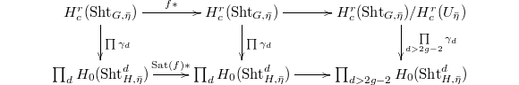 $$\xymatrix{H^r_c(\Sht_{G,\bar\eta}) \ar[r]^{f*} \ar[d]^{\prod \gamma_d}& H^r_c(\Sht_{G,\bar\eta}) \ar[r] \ar[d]^{\prod \gamma_d} & H^r_c(\Sht_{G,\bar \eta})/H^r_c(U_{\bar \eta}) \ar[d]^{\prod\limits_{d>2g-2} \gamma_d} \\ \prod_{d} H_0(\Sht_{H,\bar \eta}^d) \ar[r]^{\mathrm{Sat}(f)*} &  \prod_{d} H_0(\Sht_{H,\bar \eta}^d) \ar[r]  & \prod_{d>2g-2} H_0(\Sht^d_{H,\bar \eta})}$$