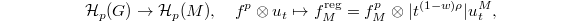 $$\mathcal{H}_p(G)\rightarrow \mathcal{H}_p(M), \quad f^p \otimes u_t\mapsto f_M^\mathrm{reg}=f_M^p \otimes |t^{(1-w)\rho}| u_t^M,$$