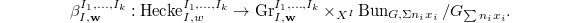 $$\beta_{I,\mathbf{w}}^{I_1,\ldots, I_k}: \Hecke_{I,w}^{I_1,\ldots, I_k}\rightarrow \Gr_{I,\mathbf{w}}^{I_1,\ldots, I_k}\times_{X^I} \Bun_{G, \Sigma n_i x_i}/G_{\sum n_ix_i}.$$