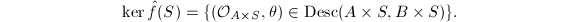 $$\ker\hat f(S)=\{(\mathcal{O}_{A\times S},\theta)\in \mathrm{Desc}(A\times S, B\times S)\}.$$