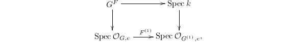 $$\xymatrix{G^F\ar[r]\ar[d]& \Spec k\ar[d]\\\Spec \mathcal{O}_{G,e}\ar[r]^{F^{(1)}}& \Spec \mathcal{O}_{G^{(1)},e} ,}$$