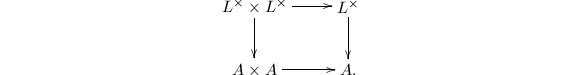 $$\xymatrix{ L^\times\times L^\times \ar[r]\ar[d] & L^\times\ar[d] \\ A\times A \ar[r] & A.}$$