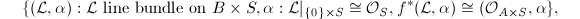 $$\{(\mathcal{L},\alpha): \mathcal{L}\text{ line bundle on } B\times S, \alpha: \mathcal{L}|_{\{0\}\times S}\cong \mathcal{O}_S, f^*(\mathcal{L},\alpha)\cong (\mathcal{O}_{A\times S},\alpha\},$$