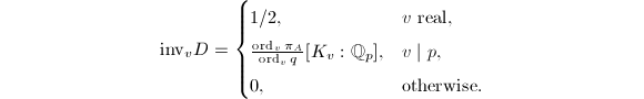 $$\mathrm{inv}_vD=
\begin{cases}
  1/2, & v\text{ real},\\
  \frac{\ord_v\pi_A}{\ord_vq}[K_v:\mathbb{Q}_p], & v\mid p,\\
  0,&\text{otherwise}.
\end{cases}$$