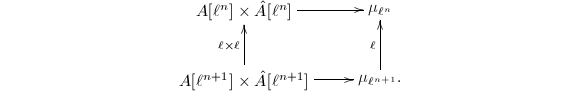 $$\xymatrix{A[\ell^n]\times \hat A[\ell^n] \ar[r]& \mu_{\ell^n} \\A[\ell^{n+1}]\times \hat A[\ell^{n+1}]\ar[u]^{\ell\times\ell}\ar[r] & \mu_{\ell^{n+1}}\ar[u]^{\ell}.}$$