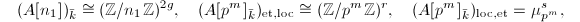 $$(A[n_1])_{\bar k}\cong (\mathbb{Z}/n_1 \mathbb{Z} )^{2g},\quad (A[p^m]_{\bar k})_{\mathrm{et},\mathrm{loc}}\cong (\mathbb{Z}/p^m \mathbb{Z})^r, \quad(A[p^m]_{\bar k})_{\mathrm{loc},\mathrm{et}}=\mu_{p^m}^s,$$