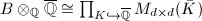 $B\otimes_\mathbb{Q}\overline{\mathbb{Q}}\cong \prod_{K\hookrightarrow \overline{\mathbb{Q}}}M_{d\times d}(\bar K)$