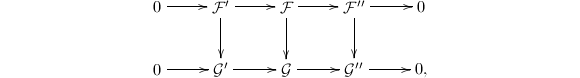 $$\xymatrix{0 \ar[r] & \mathcal{F}'\ar[r] \ar[d] & \mathcal{F} \ar[r]\ar[d] & \mathcal{F}''\ar[d] \ar[r]& 0\\ 0 \ar[r] & \mathcal{G}'\ar[r] & \mathcal{G} \ar[r] & \mathcal{G}'' \ar[r]& 0,}$$