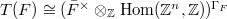 $T(F)\cong(\bar F^\times\otimes_\mathbb{Z} \Hom(\mathbb{Z}^n,\mathbb{Z}))^{\Gamma_F}$