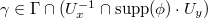 $\gamma\in\Gamma\cap (U_x^{-1}\cap \mathrm{supp}(\phi)\cdot U_y)$