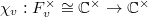 $\chi_v: F_v^\times\cong \mathbb{C}^\times\rightarrow \mathbb{C}^\times$