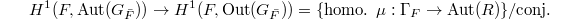 $$H^1(F, \Aut(G_{\bar F}))\rightarrow H^1(F,\Out(G_{\bar F}))=\{\text{homo. }\mu: \Gamma_F\rightarrow\Aut(R)\}/\text{conj.}$$