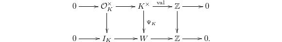 $$\xymatrix{0 \ar[r]  & \mathcal{O}_K^\times \ar[r] \ar[d]& K^\times \ar[r]^{\val} \ar[d]^{\Psi_K} & \mathbb{Z} \ar[r] \ar[d]& 0\\ 0 \ar[r] & I_K\ar[r] & W \ar[r]& \mathbb{Z} \ar[r]& 0.}$$