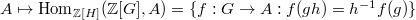 $A\mapsto \Hom_{\mathbb{Z}[H]}(\mathbb{Z}[G],A)=\{f: G\rightarrow A: f(gh)=h^{-1}f(g)\}$